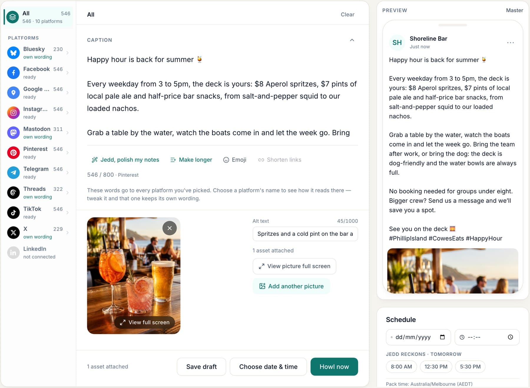 The Jedd post editor: one full happy-hour post with a photo, shorter versions for X, Bluesky, Threads and Mastodon, and a live preview