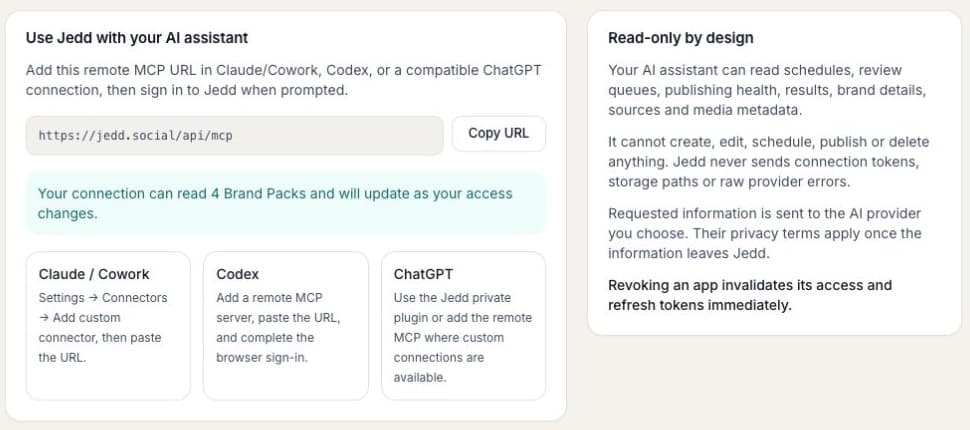 Jedd's AI assistant connection settings and read-only privacy explanation