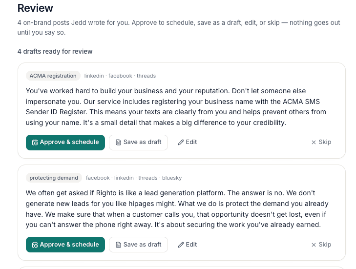 The Jedd review list with posts ready to check, edit or approve