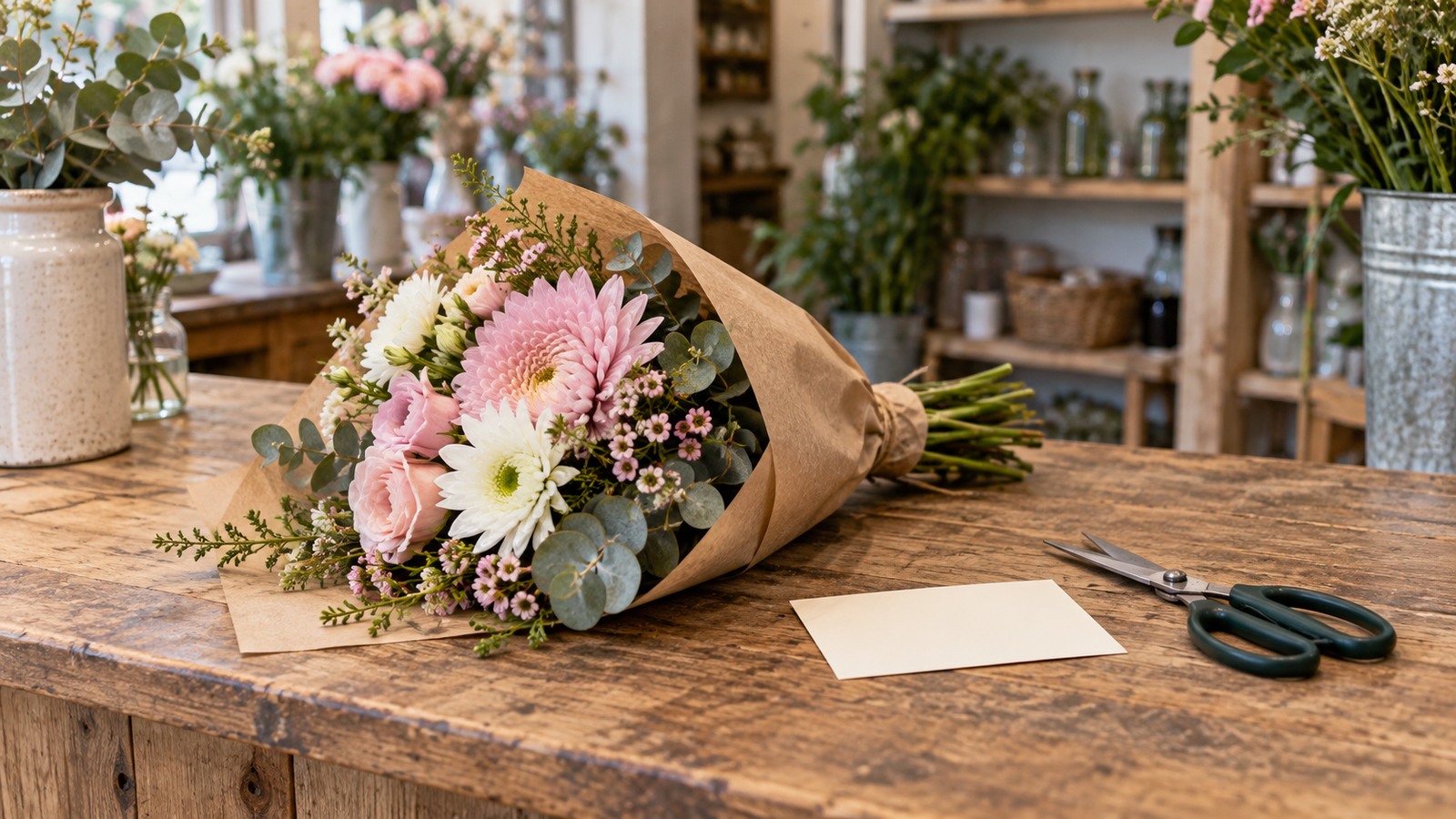 Pink and white flowers wrapped in paper on a florist counter