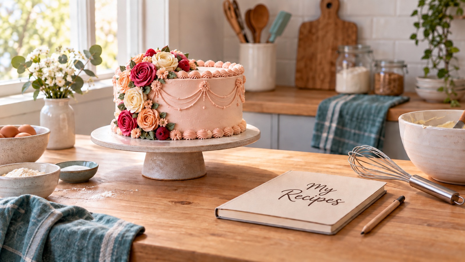 A pink celebration cake with piped flowers beside a notebook labelled My Recipes