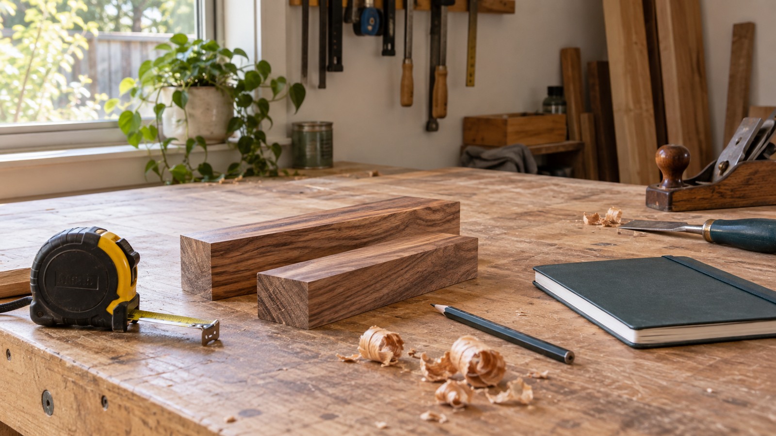 Timber samples, a notebook and tools on a workshop bench