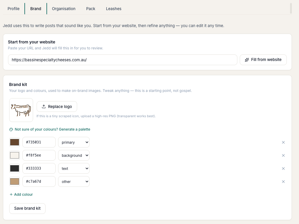 Jedd Social's Brand settings: a website URL pasted in with a 'Fill from website' button, and the brand kit it filled in — the business's logo and a palette of its real colours, all editable