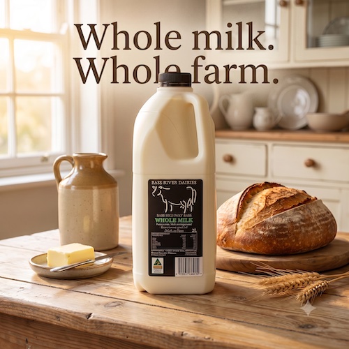 The finished post: the staged milk scene with the words “Whole milk. Whole farm.” across the top