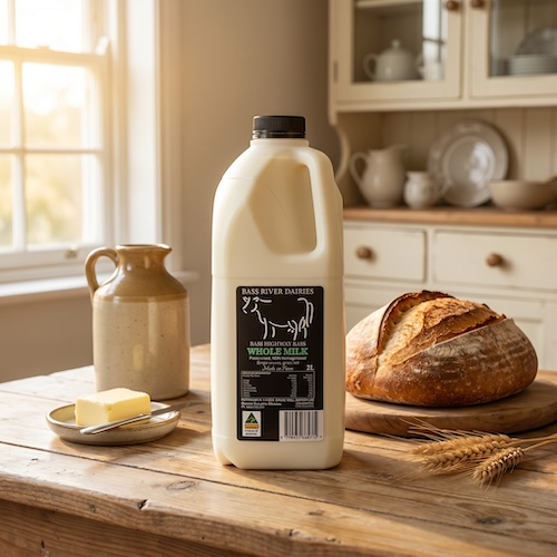 The same milk bottle, unchanged, staged in a warm farmhouse-kitchen scene with bread and butter
