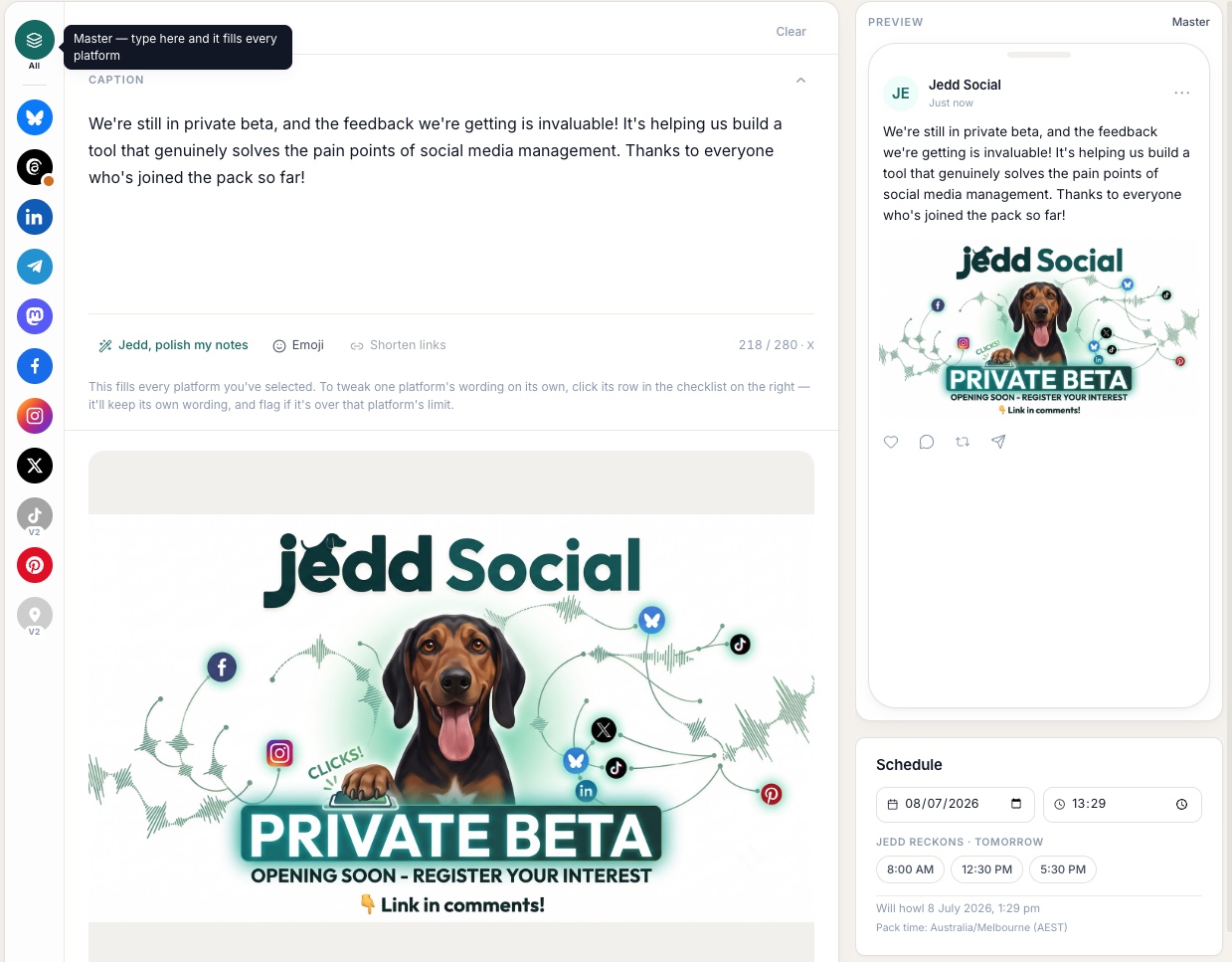 The Jedd Social compose window: one caption and image, with the platform rail down the side and the schedule panel — write once, send everywhere