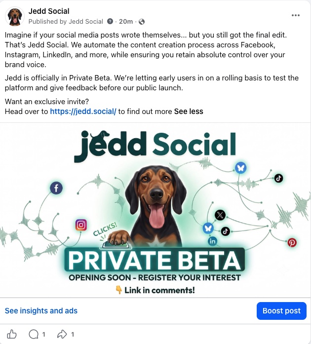 The same post as it appears live on Facebook, with the caption and the private-beta banner image