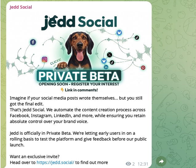 The Jedd Social post as it appears live on Telegram, with the caption and the private-beta banner image
